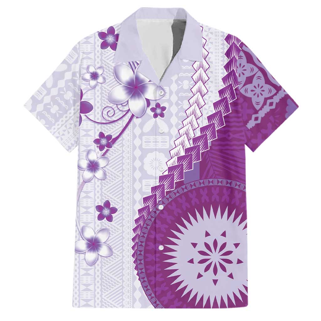 Bula Fiji Family Matching Off Shoulder Short Dress and Hawaiian Shirt Violet Plumeria Masi Tapa Pattern LT05 Dad's Shirt - Short Sleeve Violet - Polynesian Pride