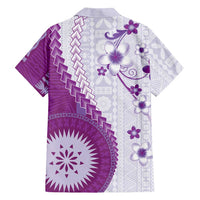 Bula Fiji Family Matching Off Shoulder Short Dress and Hawaiian Shirt Violet Plumeria Masi Tapa Pattern LT05 - Polynesian Pride