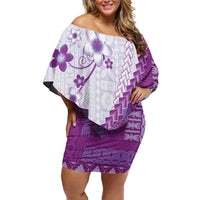 Bula Fiji Family Matching Off Shoulder Short Dress and Hawaiian Shirt Violet Plumeria Masi Tapa Pattern LT05 Mom's Dress Violet - Polynesian Pride