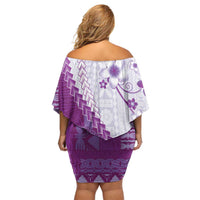 Bula Fiji Family Matching Off Shoulder Short Dress and Hawaiian Shirt Violet Plumeria Masi Tapa Pattern LT05 - Polynesian Pride