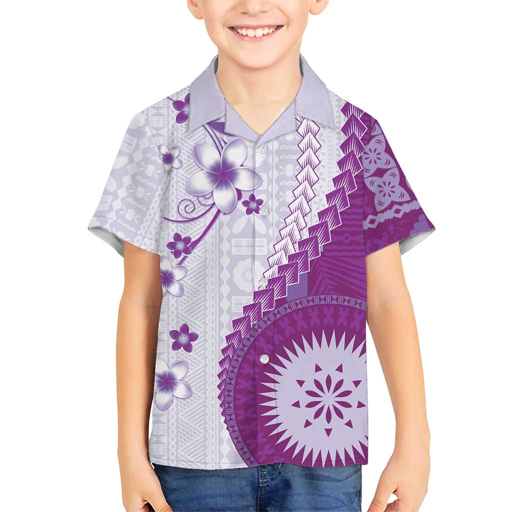 Bula Fiji Family Matching Off Shoulder Short Dress and Hawaiian Shirt Violet Plumeria Masi Tapa Pattern LT05 Son's Shirt Violet - Polynesian Pride