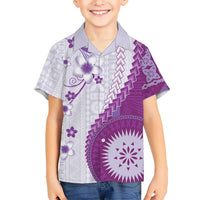 Bula Fiji Family Matching Off Shoulder Short Dress and Hawaiian Shirt Violet Plumeria Masi Tapa Pattern LT05 Son's Shirt Violet - Polynesian Pride