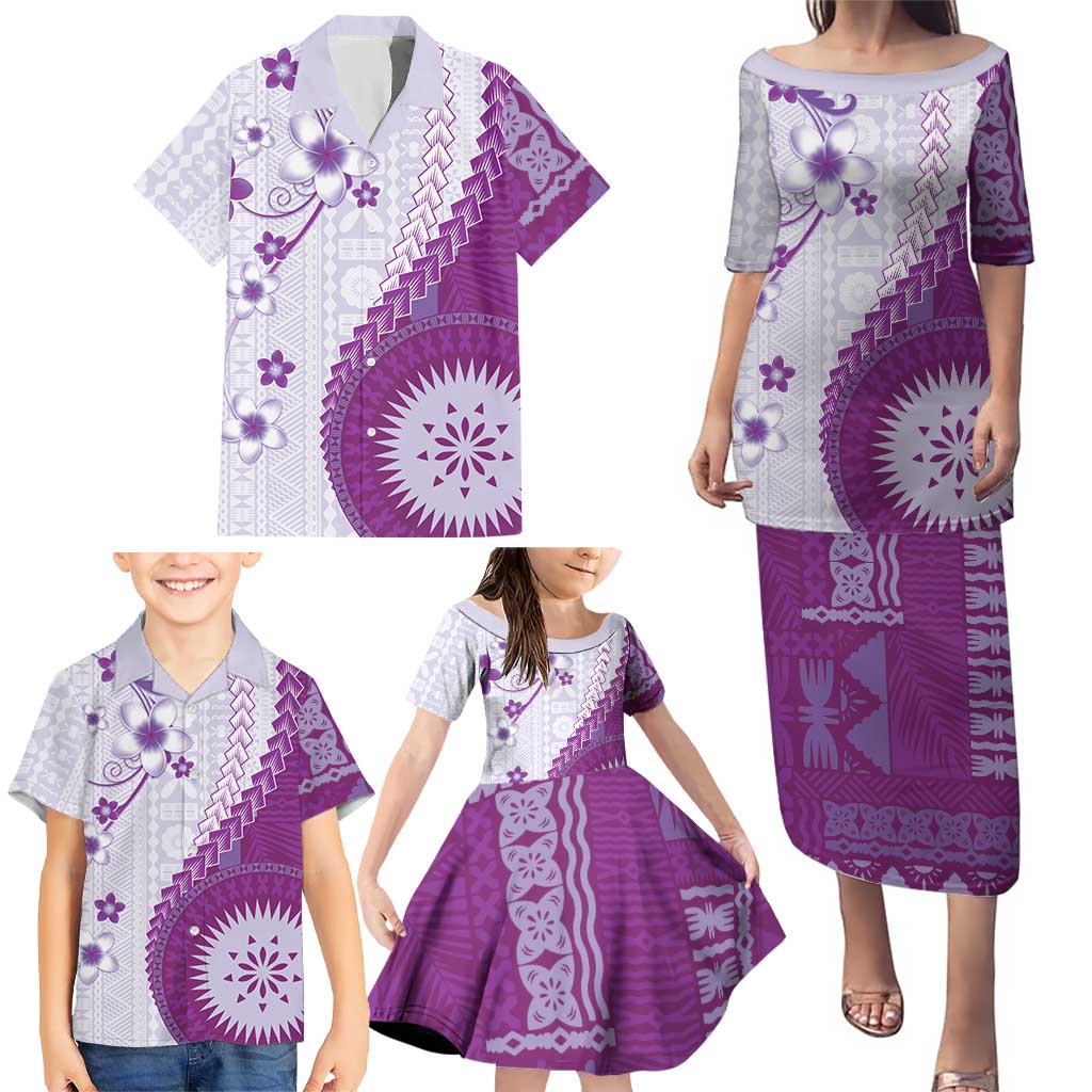 Bula Fiji Family Matching Puletasi and Hawaiian Shirt Violet Plumeria Masi Tapa Pattern LT05 - Polynesian Pride