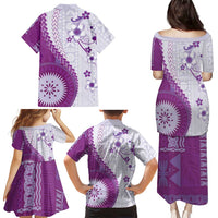 Bula Fiji Family Matching Puletasi and Hawaiian Shirt Violet Plumeria Masi Tapa Pattern LT05 - Polynesian Pride