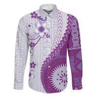 Bula Fiji Family Matching Puletasi and Hawaiian Shirt Violet Plumeria Masi Tapa Pattern LT05 Dad's Shirt - Long Sleeve Violet - Polynesian Pride