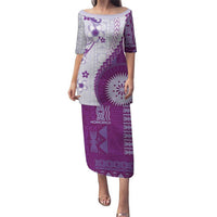Bula Fiji Family Matching Puletasi and Hawaiian Shirt Violet Plumeria Masi Tapa Pattern LT05 Mom's Dress Violet - Polynesian Pride