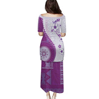 Bula Fiji Family Matching Puletasi and Hawaiian Shirt Violet Plumeria Masi Tapa Pattern LT05 - Polynesian Pride