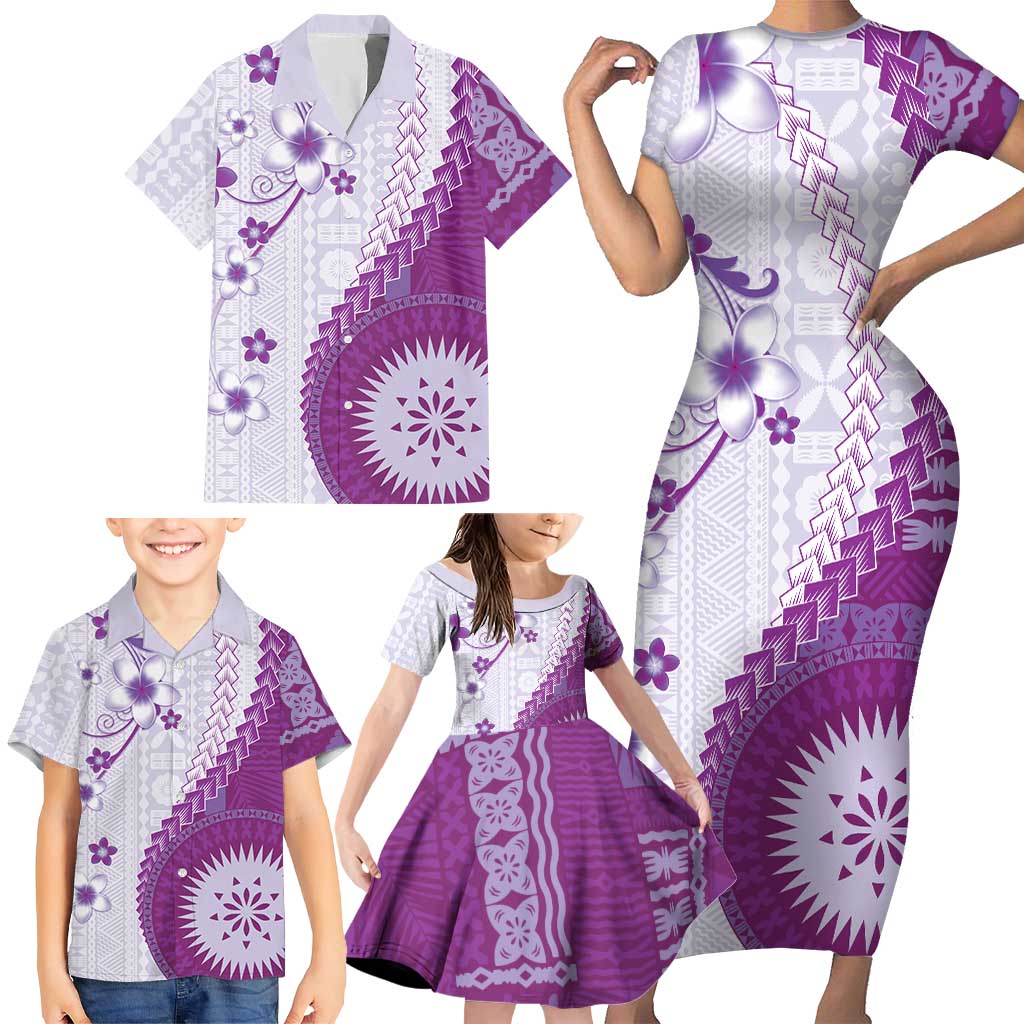 Bula Fiji Family Matching Short Sleeve Bodycon Dress and Hawaiian Shirt Violet Plumeria Masi Tapa Pattern - Polynesian Pride