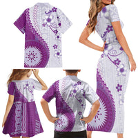 Bula Fiji Family Matching Short Sleeve Bodycon Dress and Hawaiian Shirt Violet Plumeria Masi Tapa Pattern - Polynesian Pride