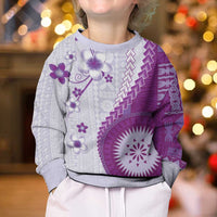 Bula Fiji Kid Ugly Christmas Sweater Violet Plumeria Masi Tapa Pattern LT05 - Polynesian Pride