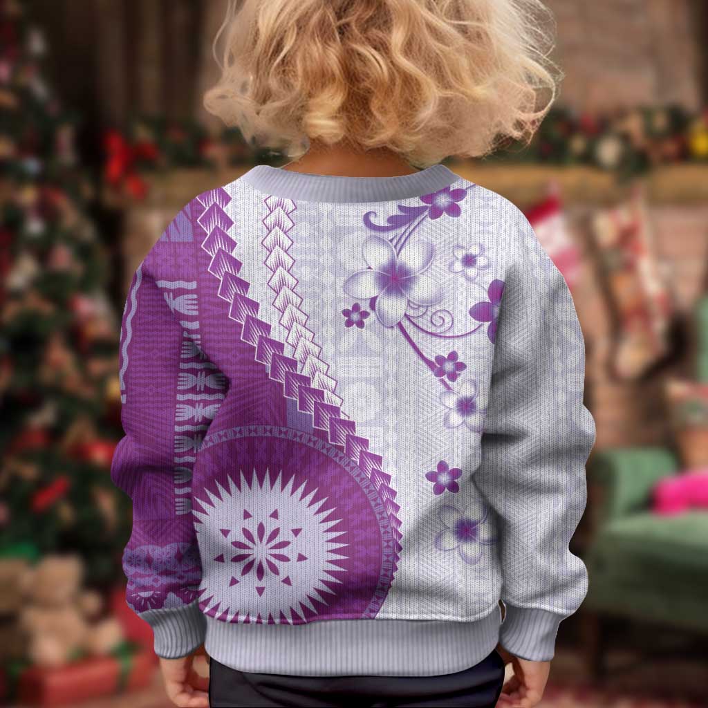 Bula Fiji Kid Ugly Christmas Sweater Violet Plumeria Masi Tapa Pattern LT05 - Polynesian Pride