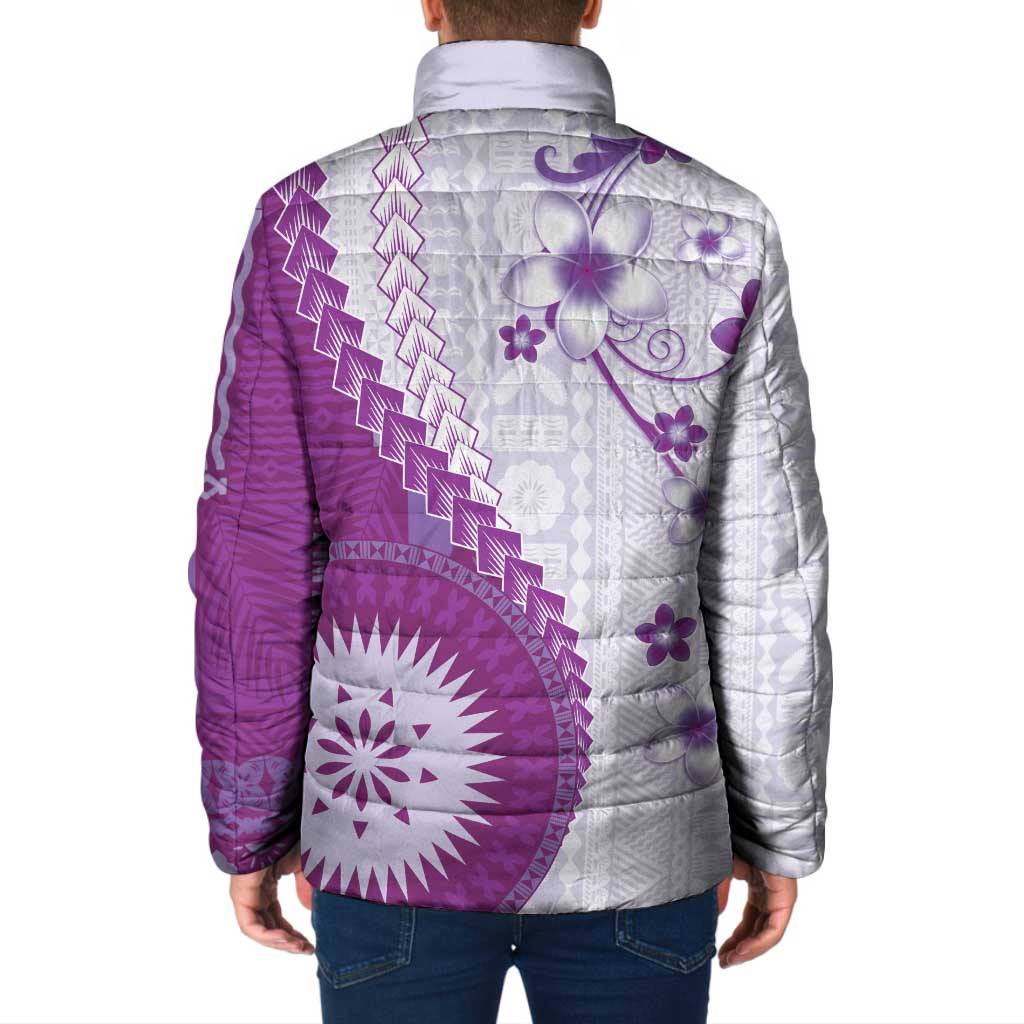 Bula Fiji Padded Jacket Violet Plumeria Masi Tapa Pattern LT05 - Polynesian Pride