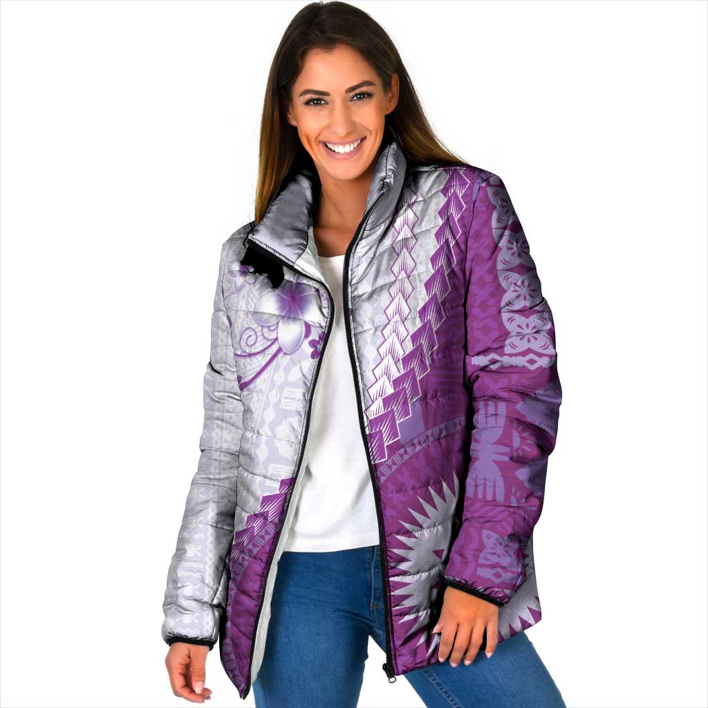 Bula Fiji Padded Jacket Violet Plumeria Masi Tapa Pattern LT05 Women Violet - Polynesian Pride