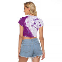 Bula Fiji Raglan Cropped T Shirt Violet Plumeria Masi Tapa Pattern - Polynesian Pride