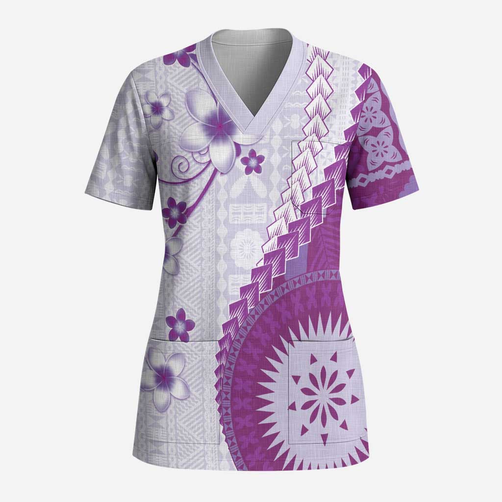 Bula Fiji Scrub Top Violet Plumeria Masi Tapa Pattern LT05 Adult Violet - Polynesian Pride