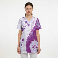 Bula Fiji Scrub Top Violet Plumeria Masi Tapa Pattern LT05 - Polynesian Pride