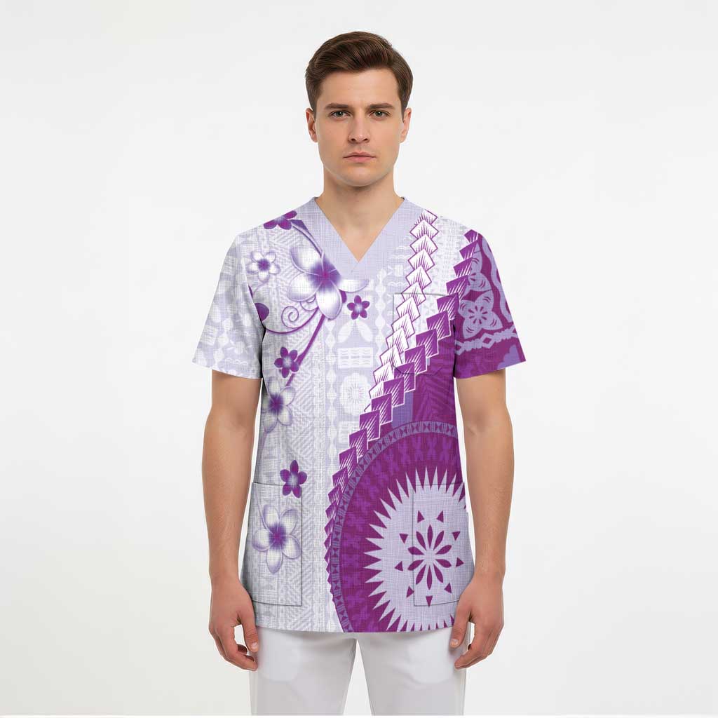 Bula Fiji Scrub Top Violet Plumeria Masi Tapa Pattern LT05 - Polynesian Pride