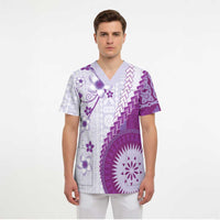 Bula Fiji Scrub Top Violet Plumeria Masi Tapa Pattern LT05 - Polynesian Pride