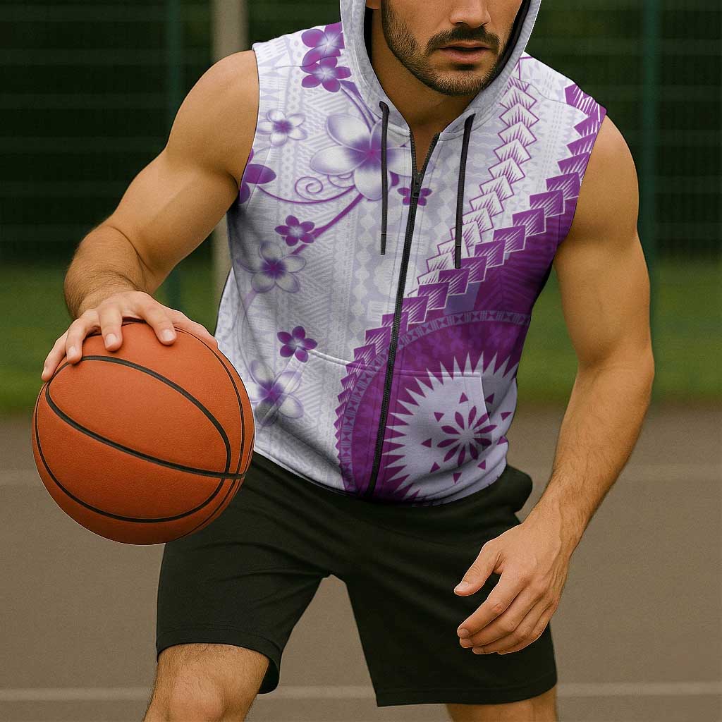Bula Fiji Sleeveless Zip Hoodie Violet Plumeria Masi Tapa Pattern LT05 - Polynesian Pride