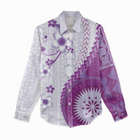 Bula Fiji Women Casual Shirt Violet Plumeria Masi Tapa Pattern - Polynesian Pride