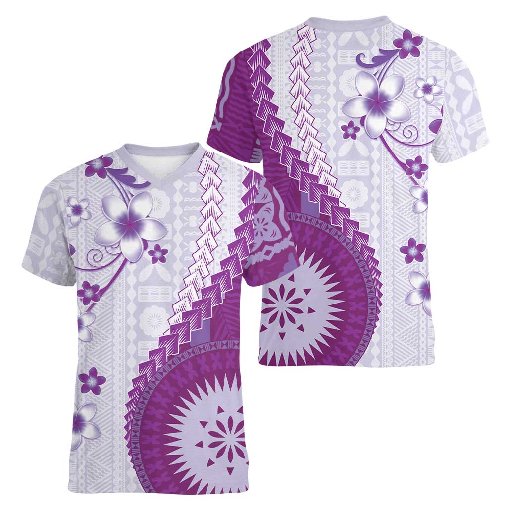Bula Fiji Women V-Neck T-Shirt Violet Plumeria Masi Tapa Pattern LT05 - Polynesian Pride