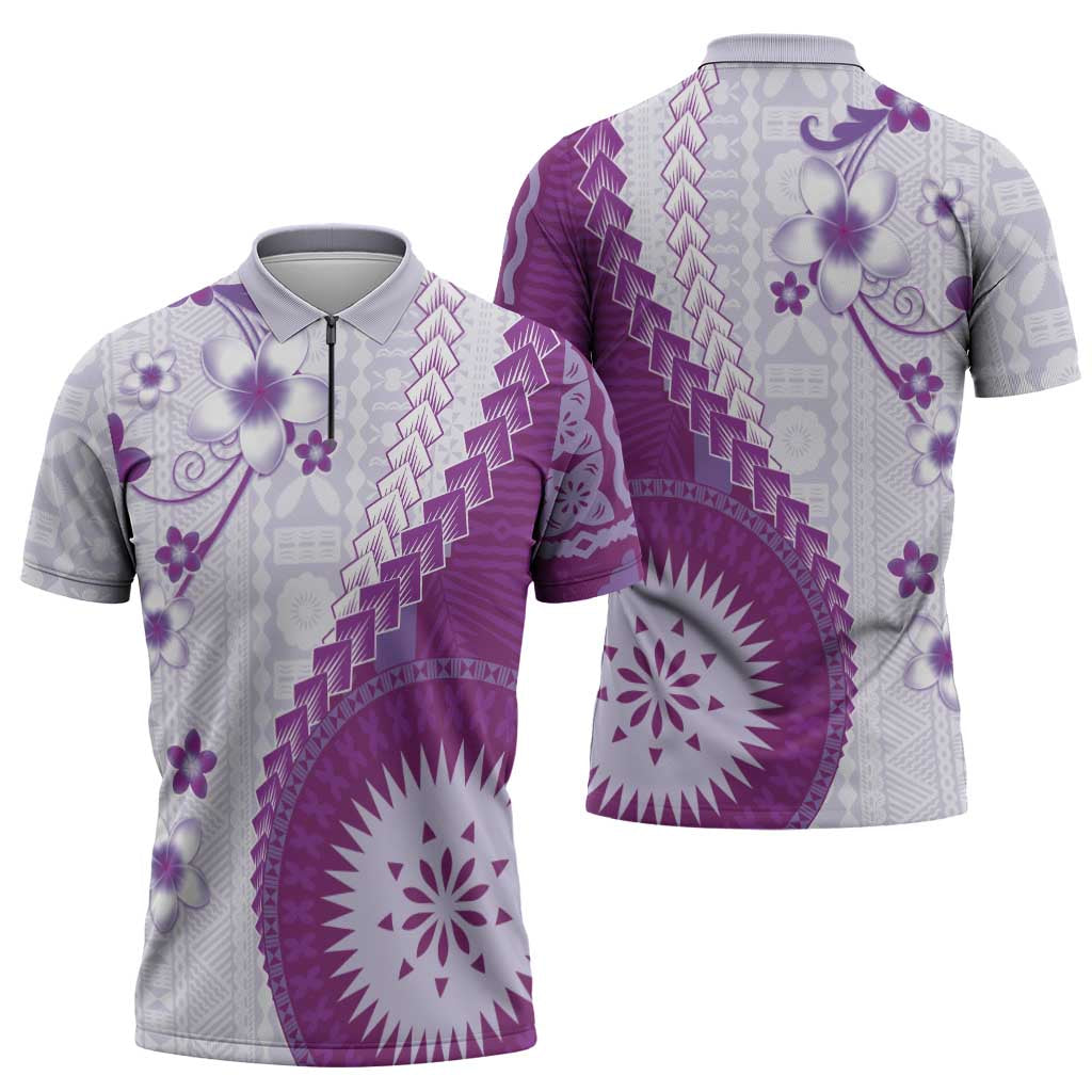 Bula Fiji Zipper Polo Shirt Violet Plumeria Masi Tapa Pattern LT05 - Polynesian Pride