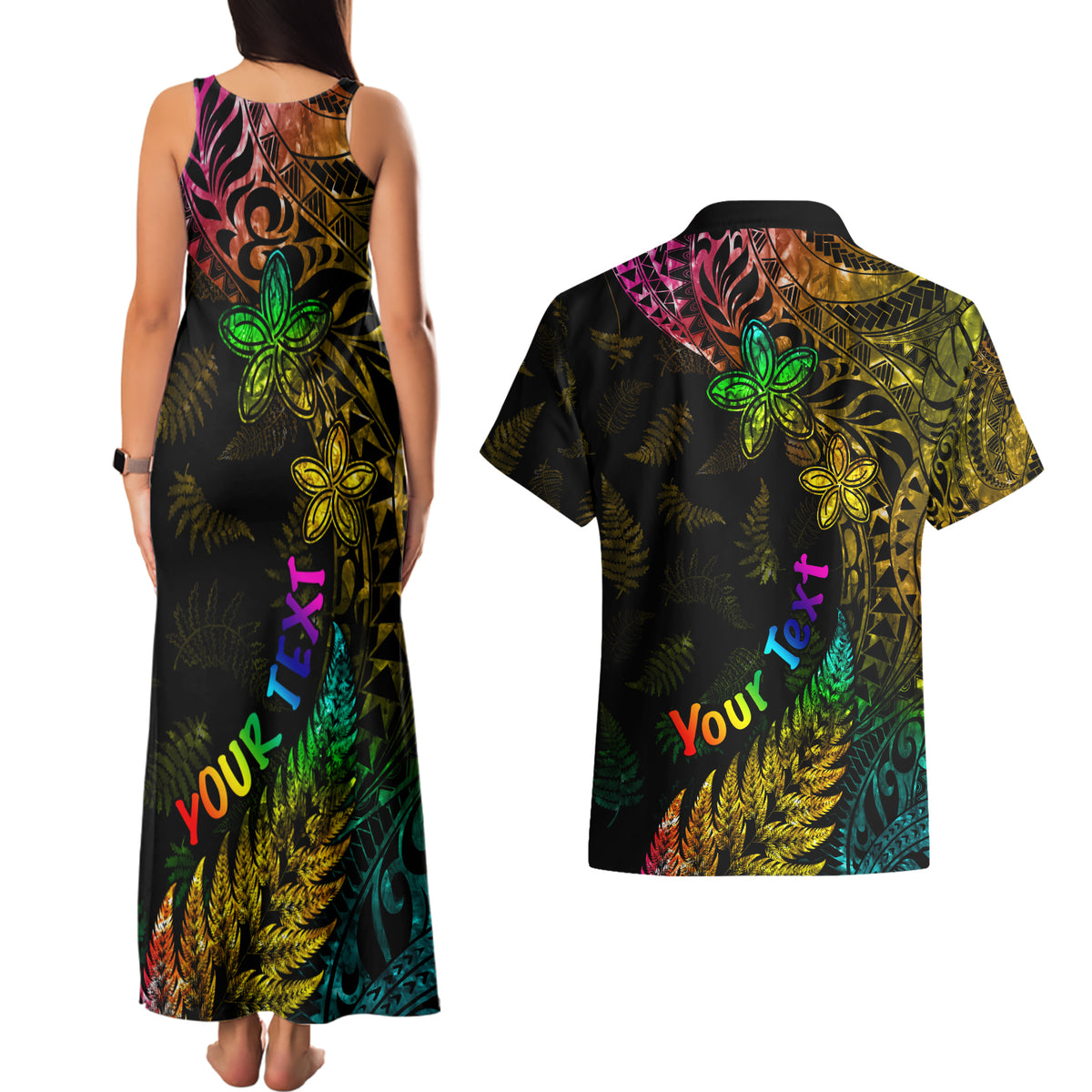 Personalised New Zealand Wellington Pride Couples Matching Tank Maxi Dress and Hawaiian Shirt Rainbow Silver Fern Paua Shell LT05 - Polynesian Pride