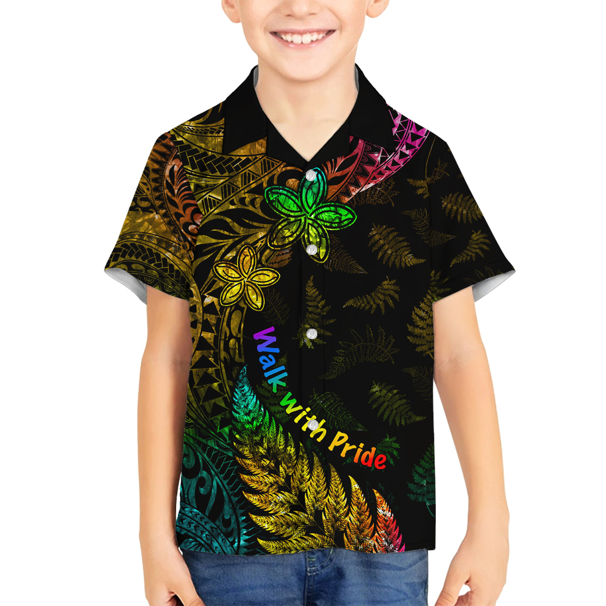 Personalised New Zealand Wellington Pride Family Matching Off Shoulder Long Sleeve Dress and Hawaiian Shirt Rainbow Silver Fern Paua Shell LT05 Son's Shirt Black - Polynesian Pride