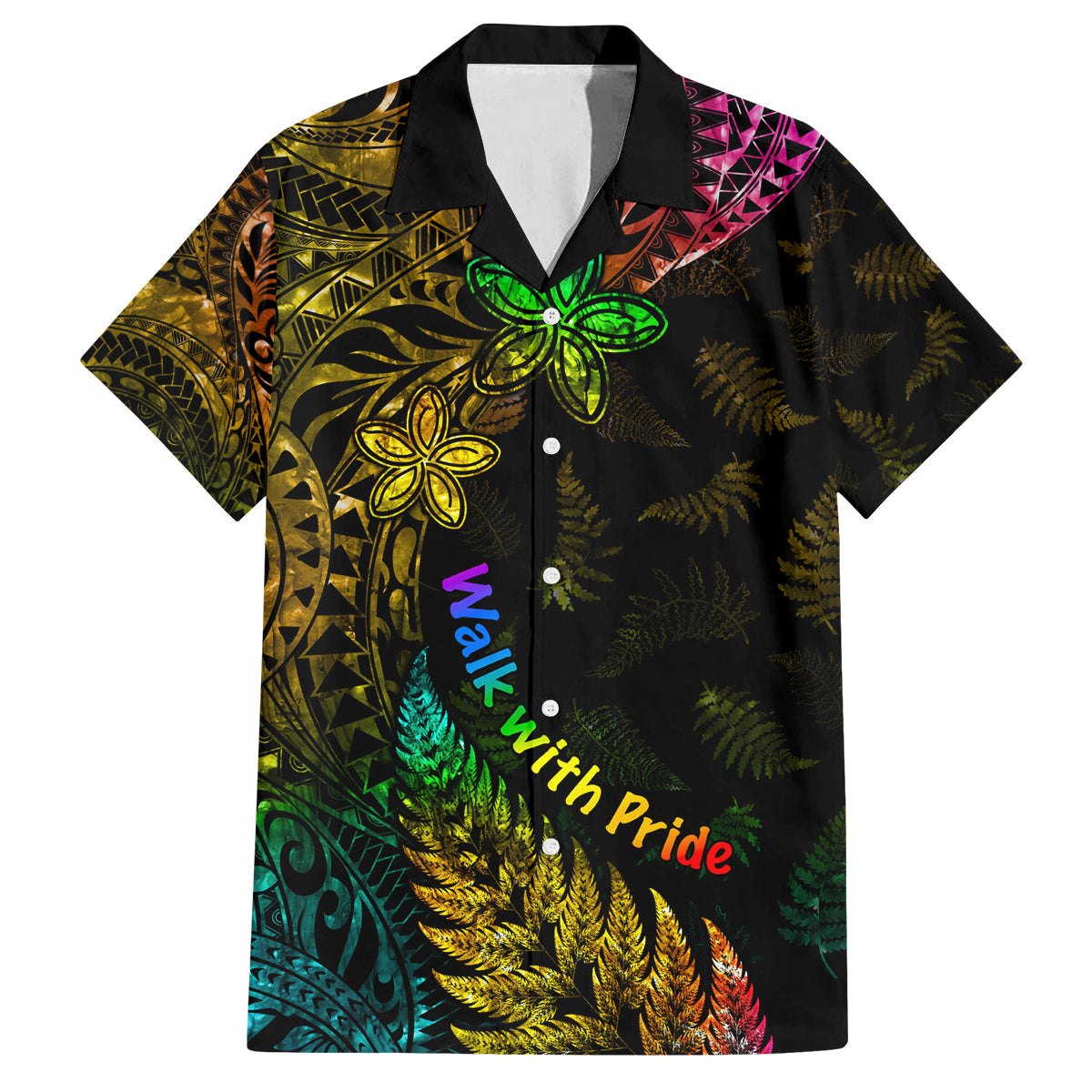 Personalised New Zealand Wellington Pride Family Matching Summer Maxi Dress and Hawaiian Shirt Rainbow Silver Fern Paua Shell LT05 Dad's Shirt - Short Sleeve Black - Polynesian Pride