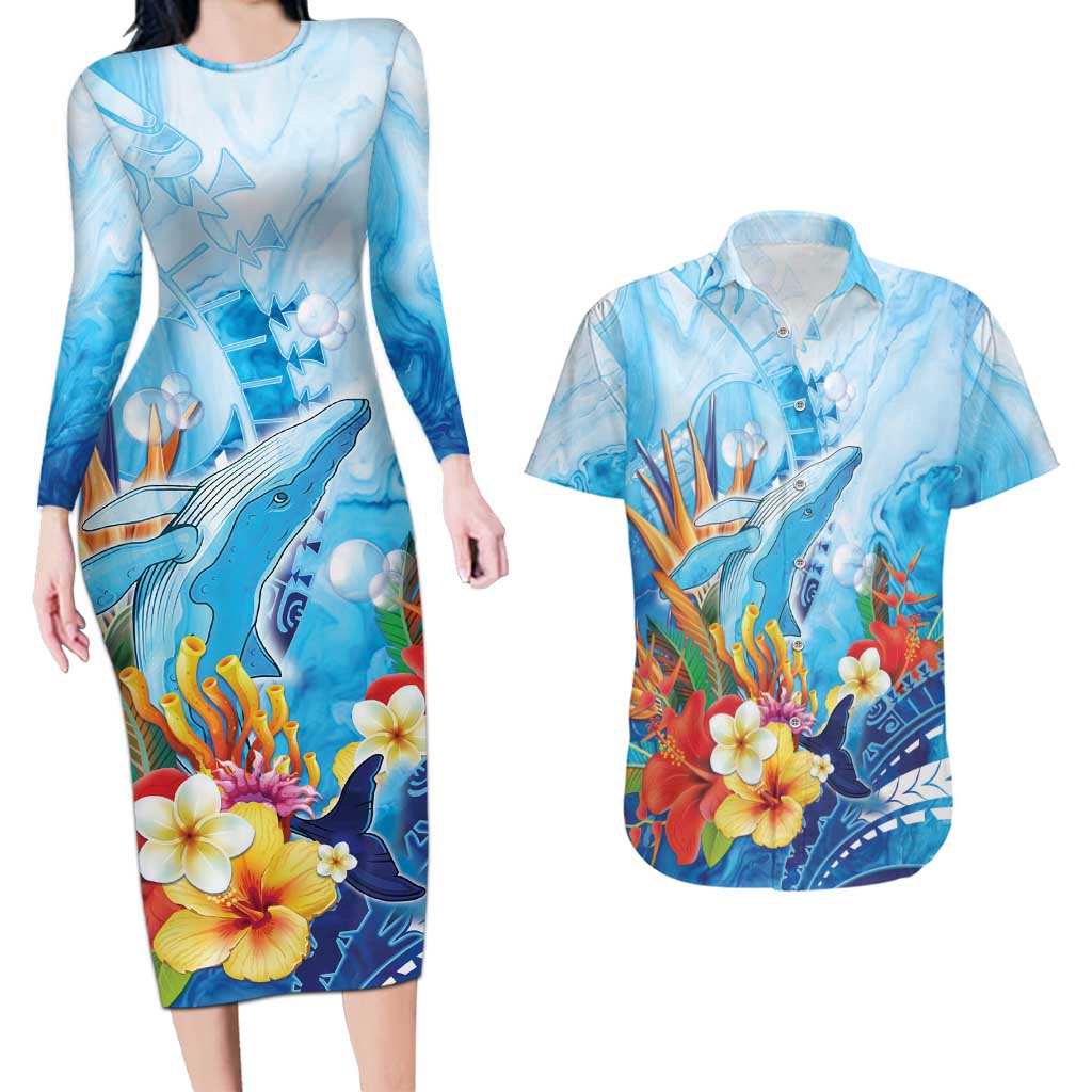 Polynesia Humpback Whale Couples Matching Long Sleeve Bodycon Dress and Hawaiian Shirt Ocean Style