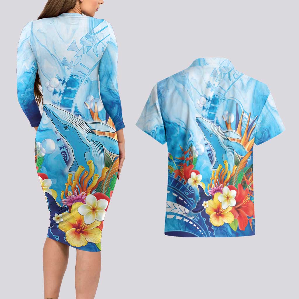 Polynesia Humpback Whale Couples Matching Long Sleeve Bodycon Dress and Hawaiian Shirt Ocean Style