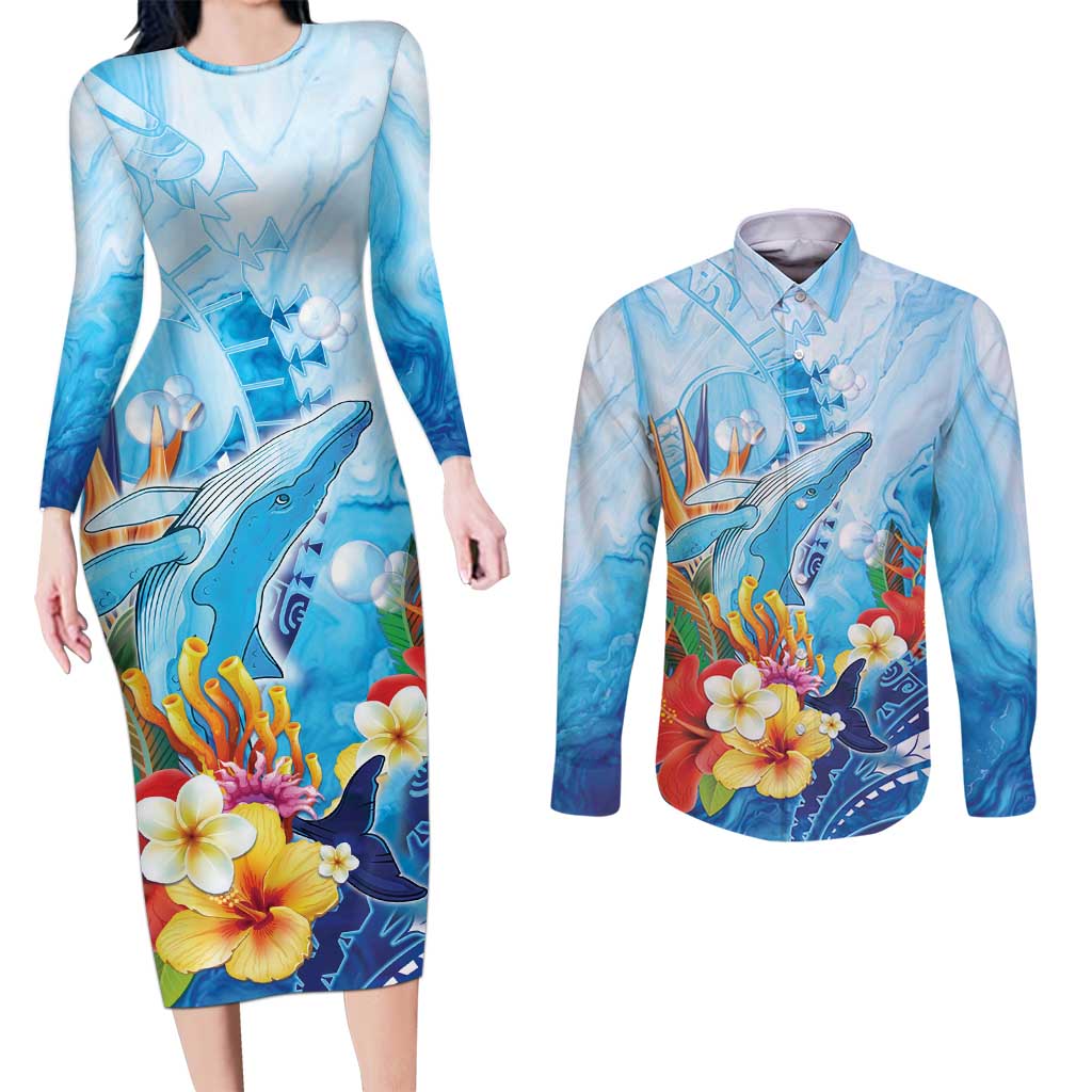 Polynesia Humpback Whale Couples Matching Long Sleeve Bodycon Dress and Long Sleeve Button Shirt Ocean Style