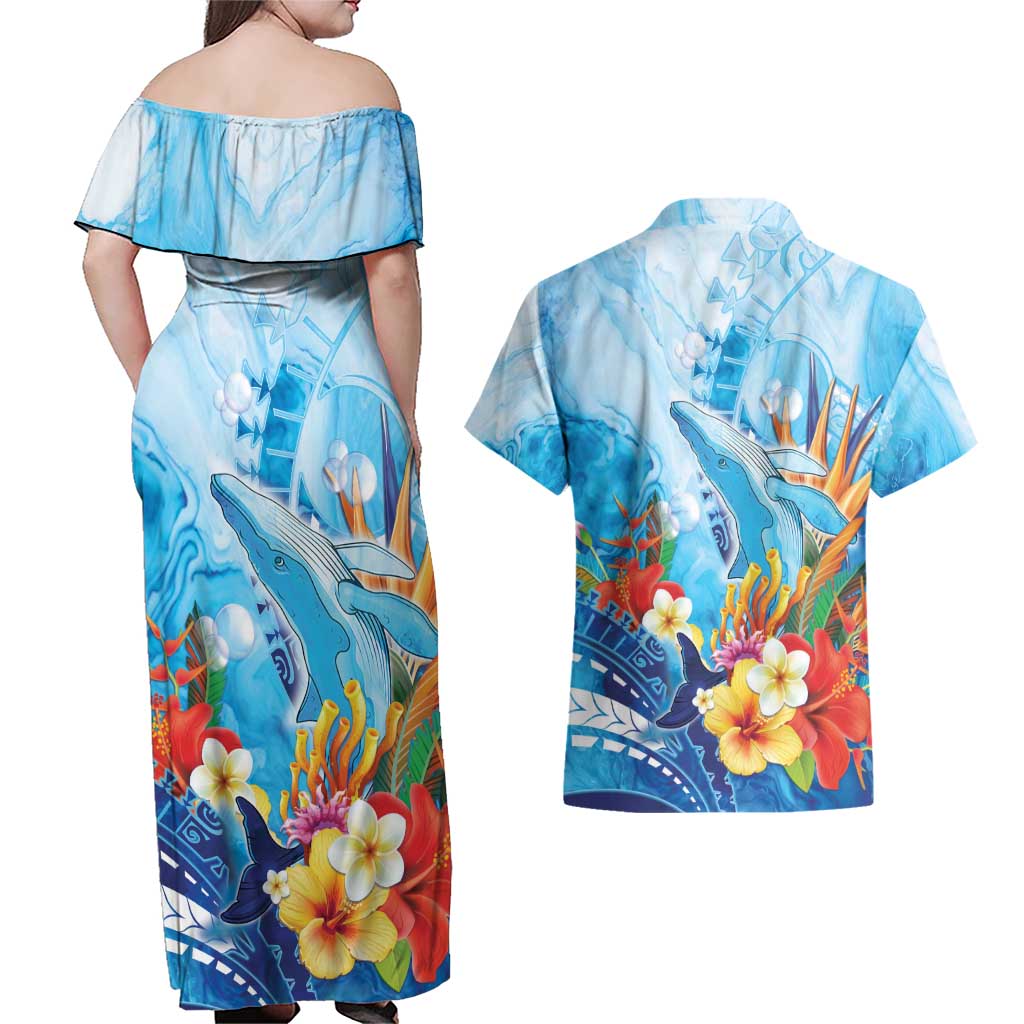 Polynesia Humpback Whale Couples Matching Off Shoulder Maxi Dress and Hawaiian Shirt Ocean Style