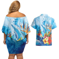 Polynesia Humpback Whale Couples Matching Off Shoulder Short Dress and Hawaiian Shirt Ocean Style