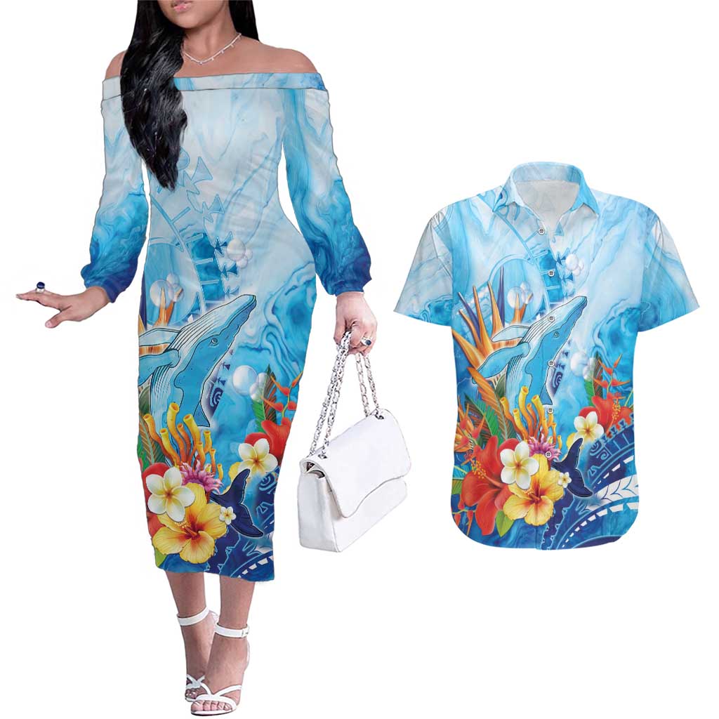 Polynesia Humpback Whale Couples Matching Off The Shoulder Long Sleeve Dress and Hawaiian Shirt Ocean Style