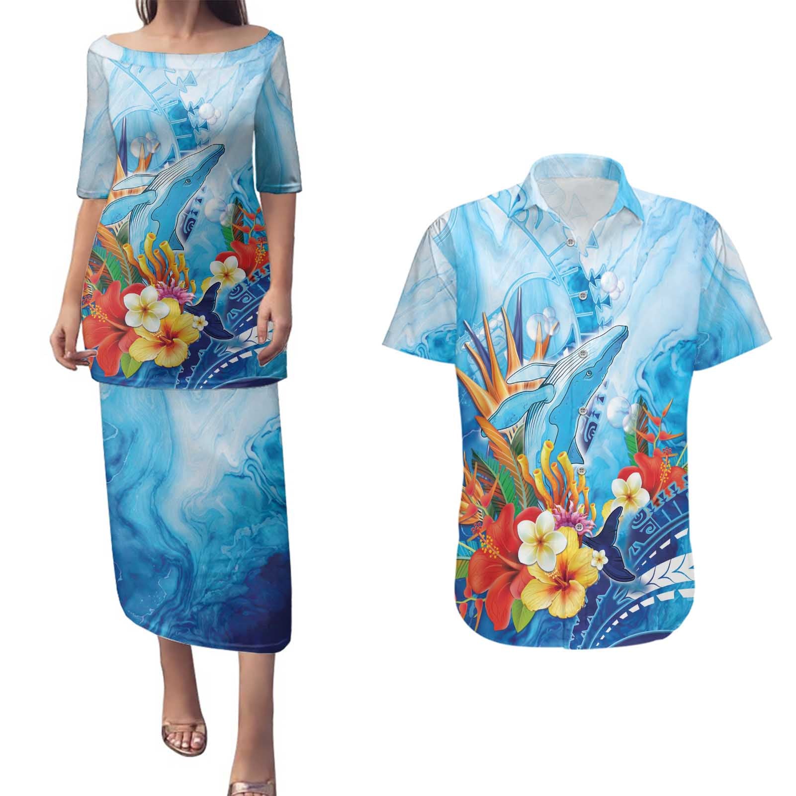 Polynesia Humpback Whale Couples Matching Puletasi and Hawaiian Shirt Ocean Style