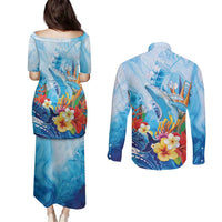 Polynesia Humpback Whale Couples Matching Puletasi and Long Sleeve Button Shirt Ocean Style