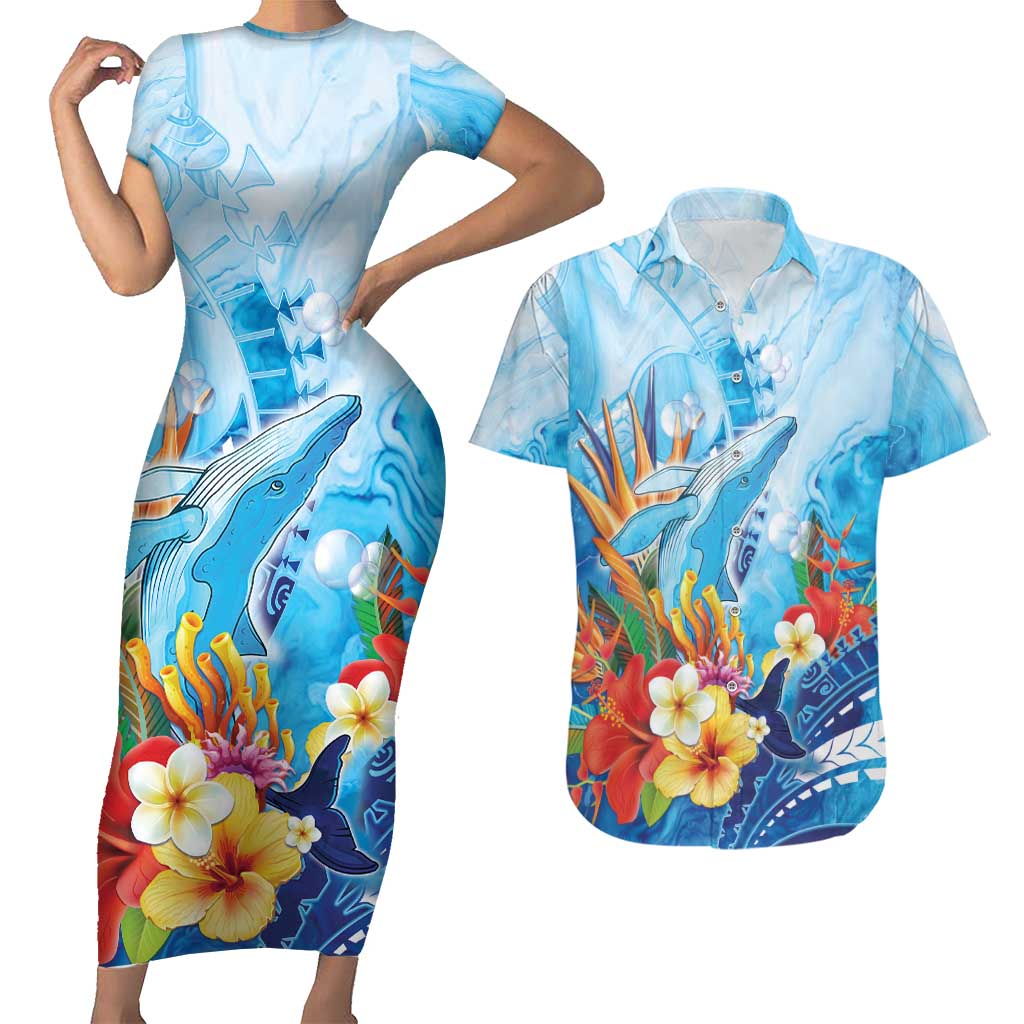 Polynesia Humpback Whale Couples Matching Short Sleeve Bodycon Dress and Hawaiian Shirt Ocean Style