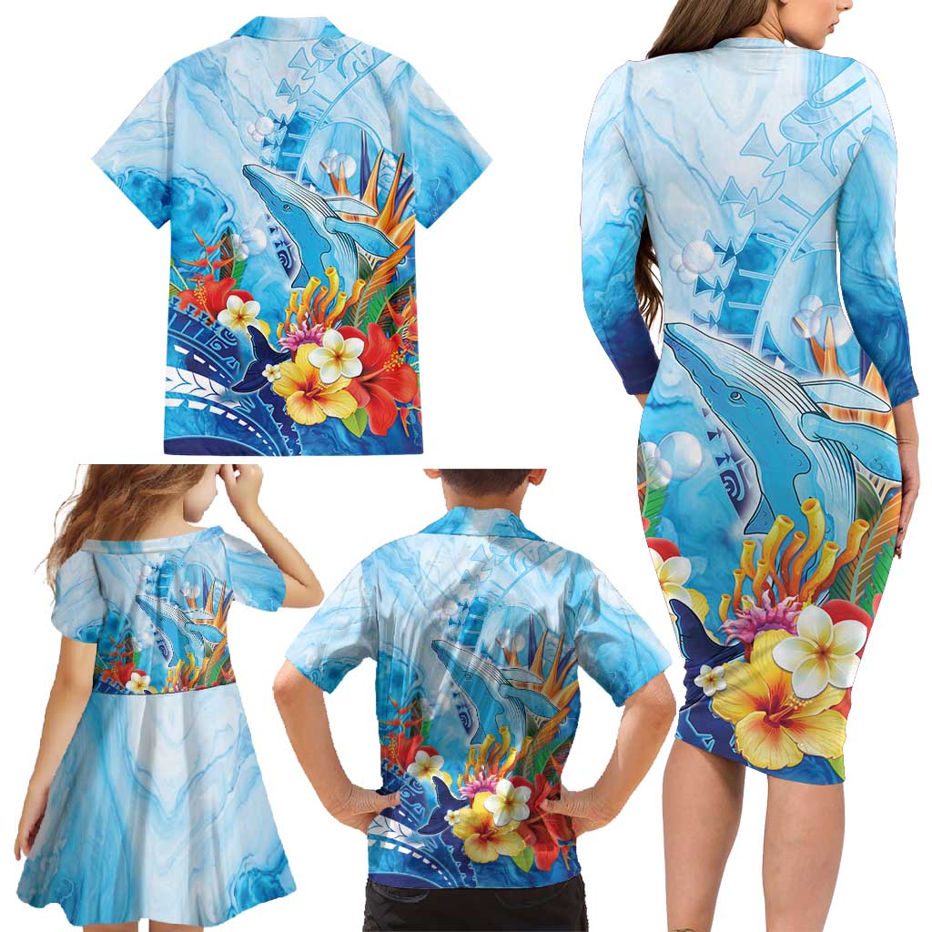 Polynesia Humpback Whale Family Matching Long Sleeve Bodycon Dress and Hawaiian Shirt Ocean Style