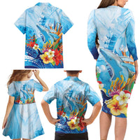 Polynesia Humpback Whale Family Matching Long Sleeve Bodycon Dress and Hawaiian Shirt Ocean Style