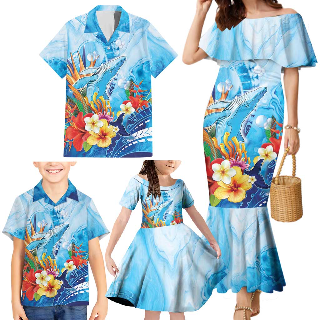 Polynesia Humpback Whale Family Matching Mermaid Dress and Hawaiian Shirt Ocean Style