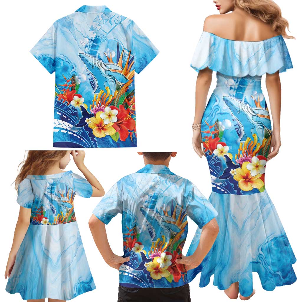 Polynesia Humpback Whale Family Matching Mermaid Dress and Hawaiian Shirt Ocean Style