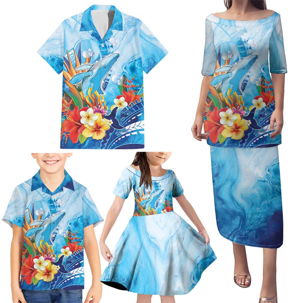 Polynesia Humpback Whale Family Matching Puletasi and Hawaiian Shirt Ocean Style