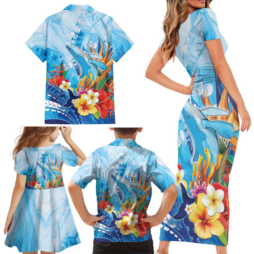 Polynesia Humpback Whale Family Matching Short Sleeve Bodycon Dress and Hawaiian Shirt Ocean Style