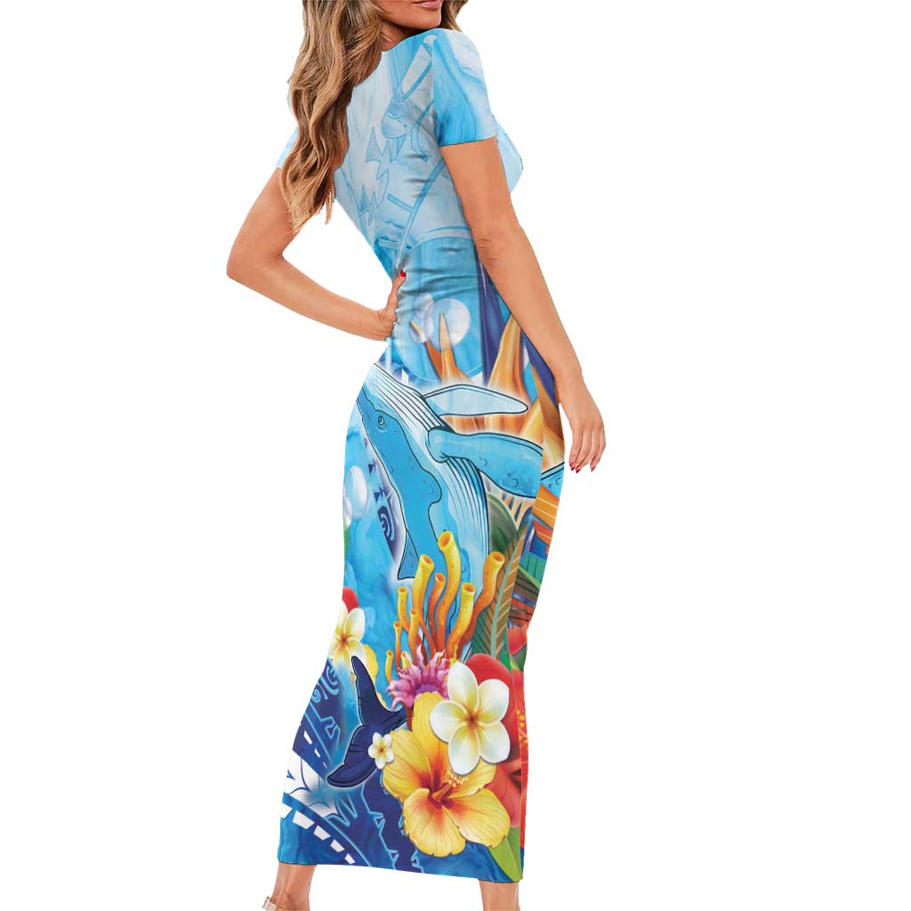 Polynesia Humpback Whale Family Matching Short Sleeve Bodycon Dress and Hawaiian Shirt Ocean Style