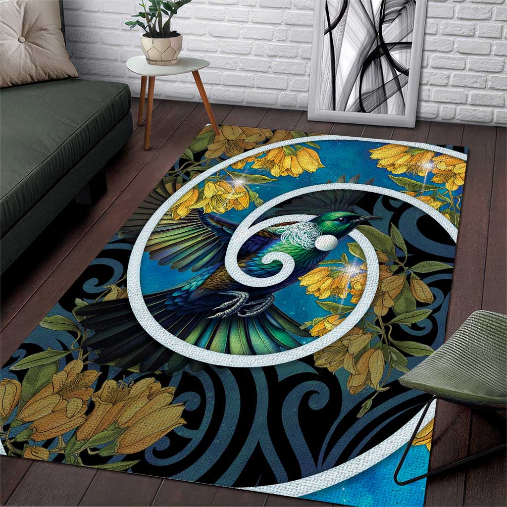 New Zealand Tui Bird Area Rug Maori Koru With Kowhai Flowers LT05 Black - Polynesian Pride