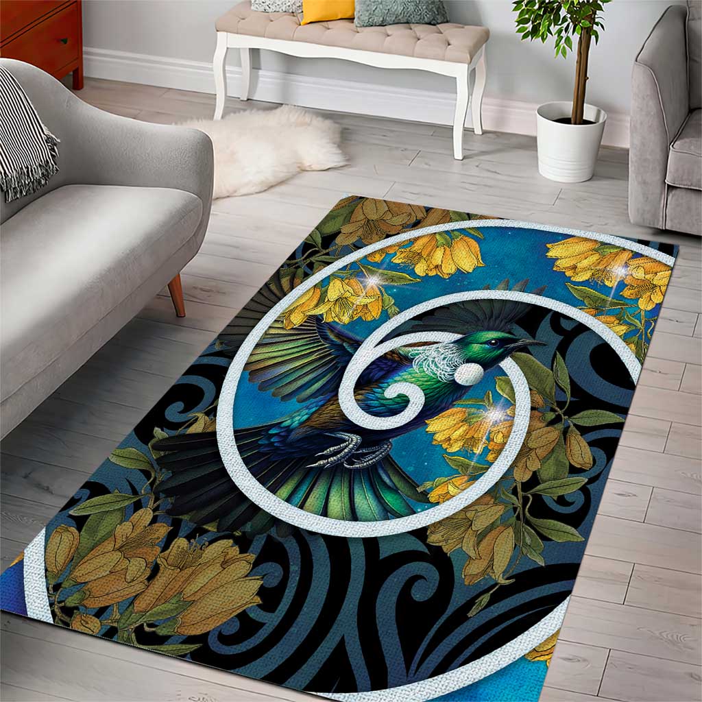 New Zealand Tui Bird Area Rug Maori Koru With Kowhai Flowers LT05 - Polynesian Pride