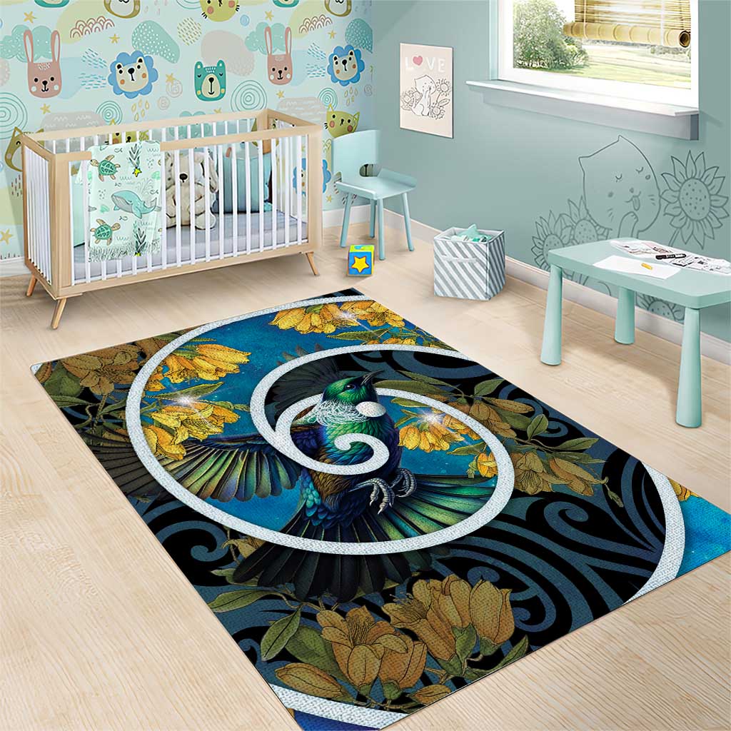 New Zealand Tui Bird Area Rug Maori Koru With Kowhai Flowers LT05 - Polynesian Pride