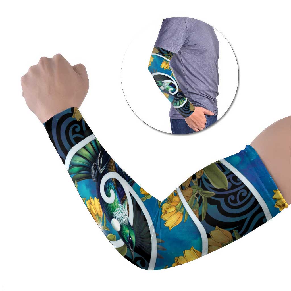 New Zealand Tui Bird Arm Sleeves Maori Koru With Kowhai Flowers LT05 Set of 2 Black - Polynesian Pride