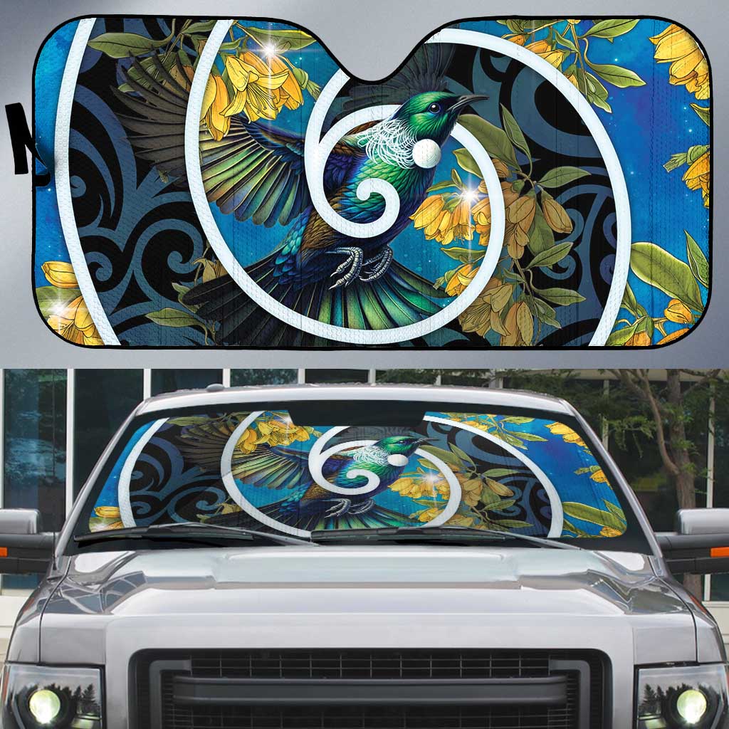 New Zealand Tui Bird Auto Sun Shade Maori Koru With Kowhai Flowers LT05 Black - Polynesian Pride